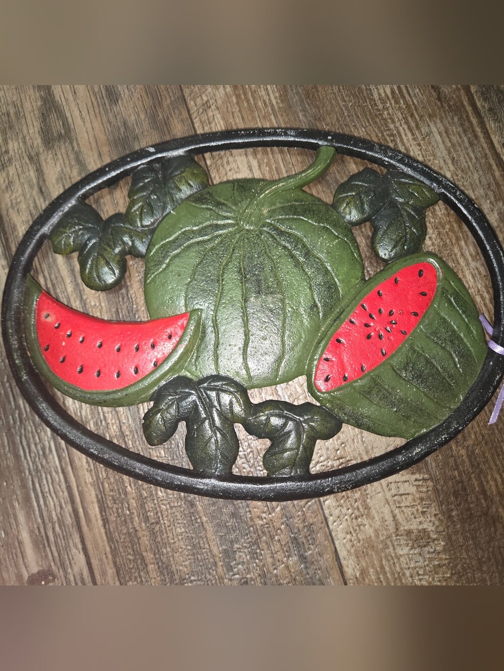 Vintage Farmhouse Cottagecore Watermelon Trivet Metal Oval Wall Hanging